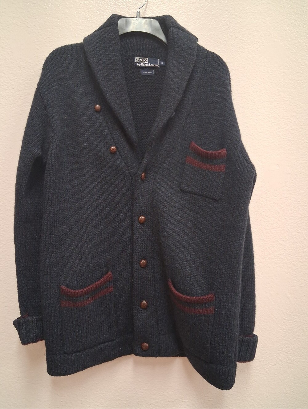 VINTAGE POLO RALPH LAUREN SHAWL-COLLAR CARDIGAN LEATHER BUTTONS MEN’S MEDIUM